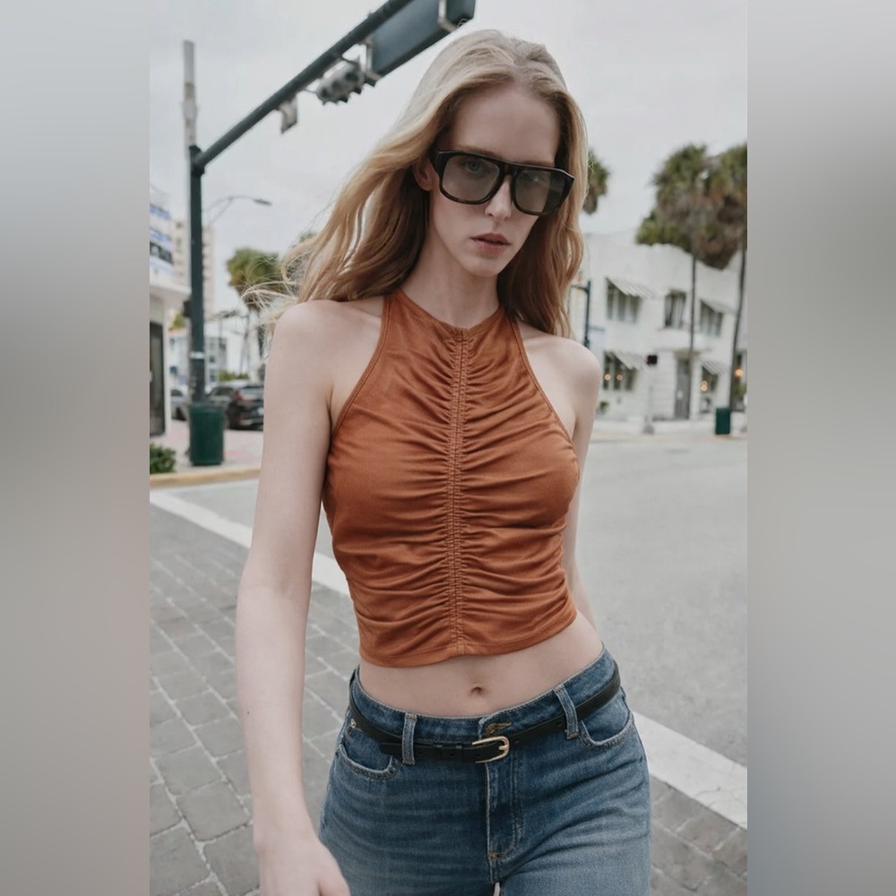 Dynamite Rust Brown Ruched Halter Crop Top